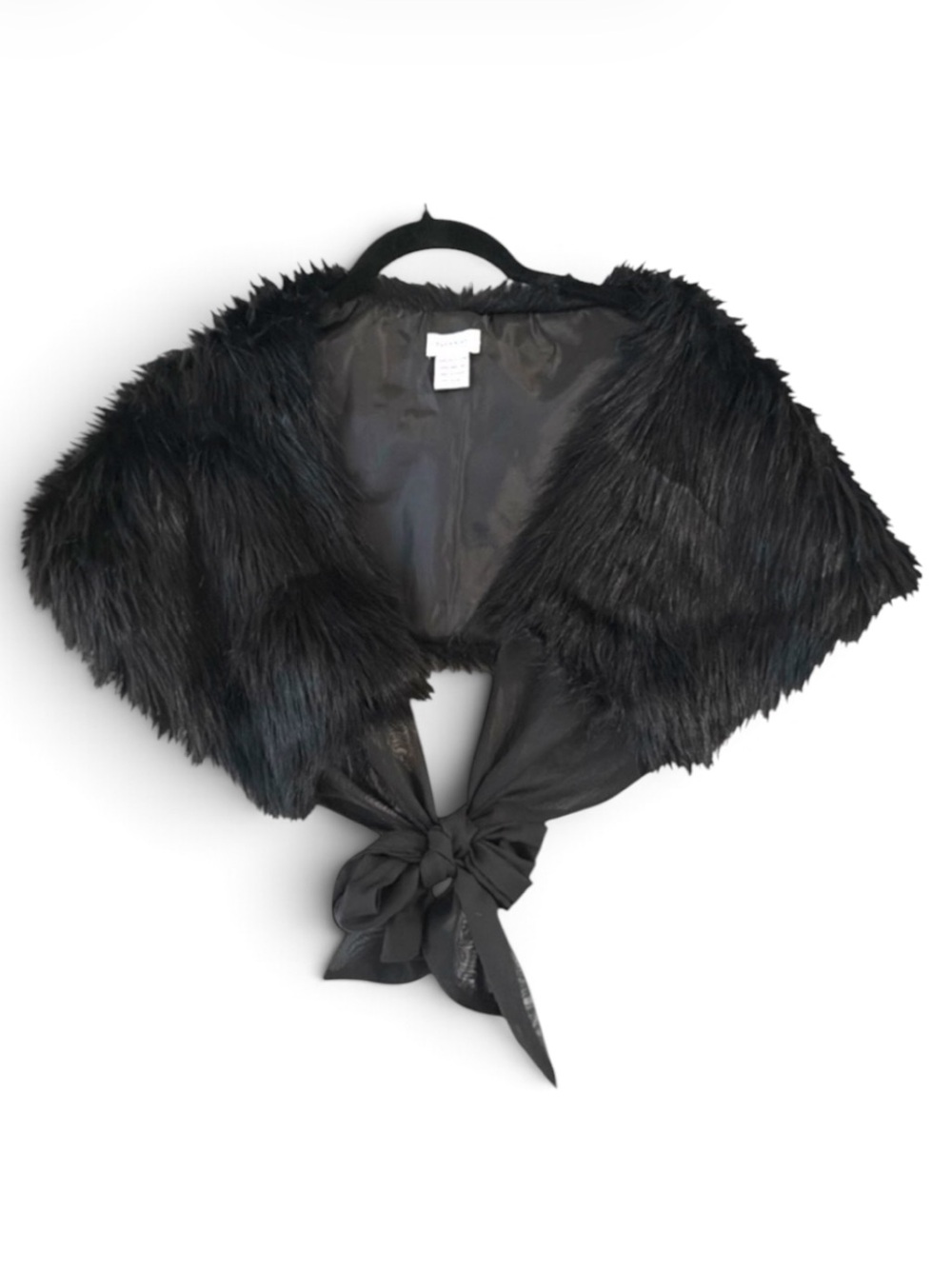 Avenue Black Faux Fur Off Shoulder Capelet Shrug Chiffon Tie Bow Wrap OS